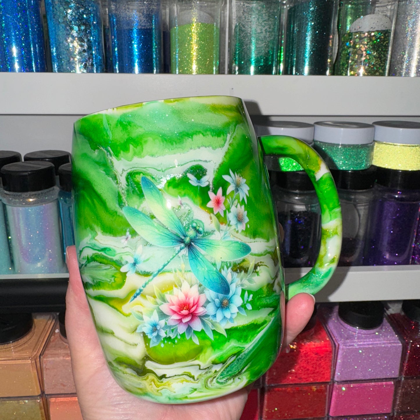 £1 Waffle - 14oz Green Swirl Coffee Mug with Dragonfly Decals
