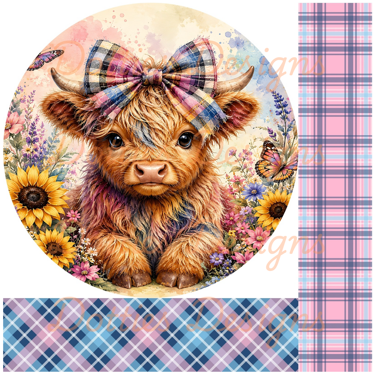 10"x 10" Tartan Highland Cow Mixed Media Circle