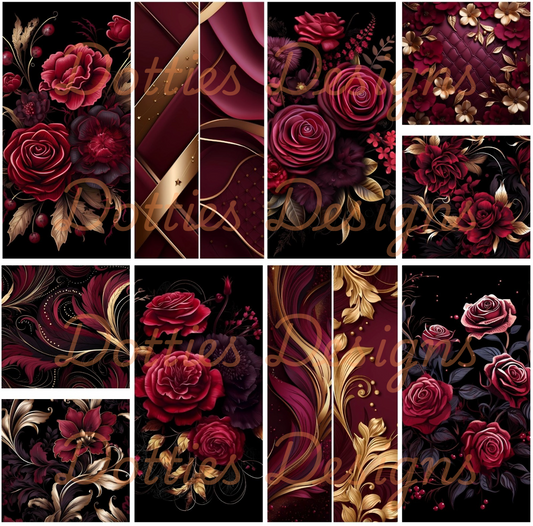 Burgundy Gold Flowers -Mixed Media Vinyl